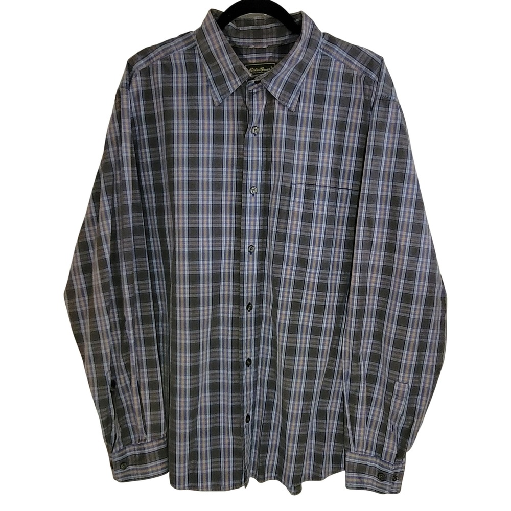 Eddie Bauer Button Down Shirt Mens XL Blue Gray Plaid Long Sleeve Cotton Pocket